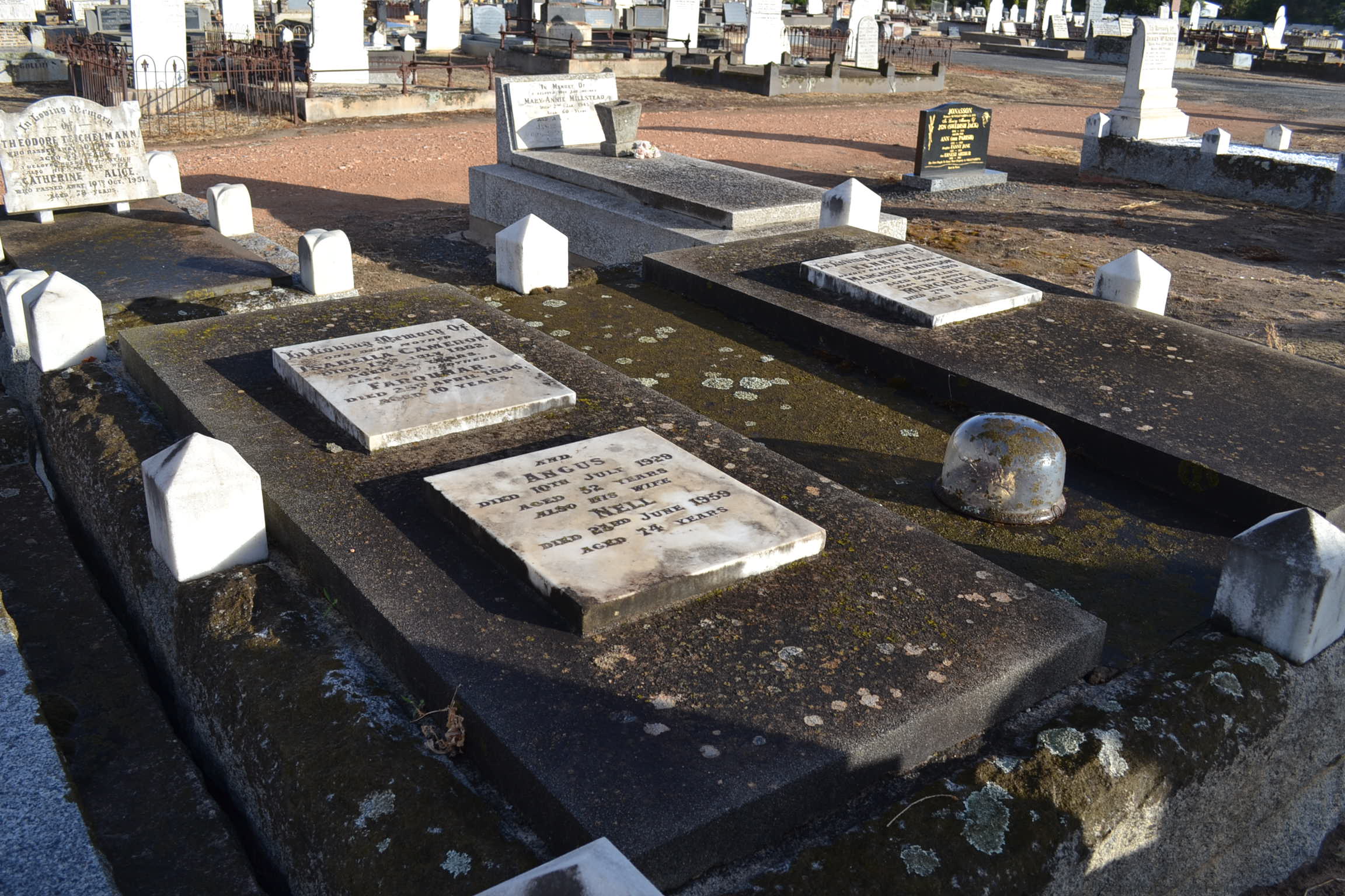 Photo of headstones/Isabella Cameron nee McLennan d1882 Farquhar, Angus, Nell group Wknbl cem
